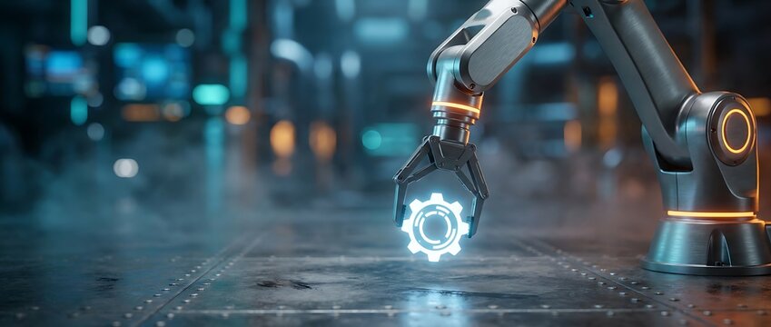 Robotic arm in dimly lit factory holding glowing gear with blue and orange lights in background technological innovation concept.