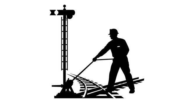 Railway switchman pulls lever on tracks near signal train vector