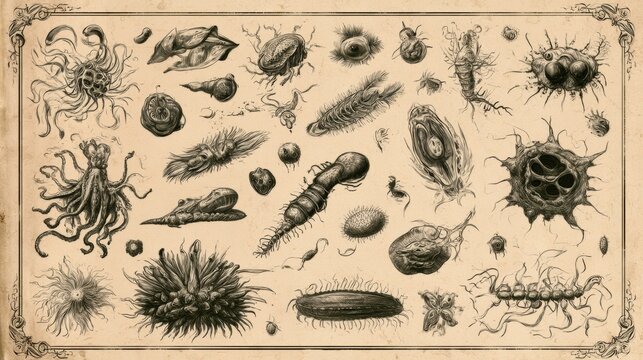 Detailed Illustration of Microscopic Anatomy Featuring Various Small Creatures and Parasitic Organisms