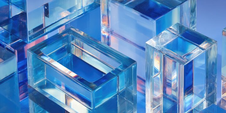 Abstract geometric composition of transparent blue glass cubes and rectangles with light refractions.