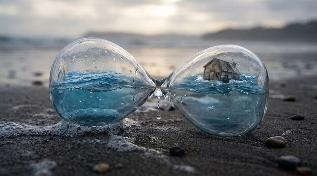 Surreal close-up of a glass hourglass on a sandy beach, with ocean water and a tiny house submerged inside, symbolizing urgent climate change and rising sea levels