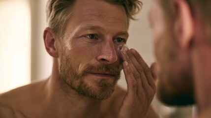 Naklejka premium Man Applying Anti-Aging Moisturizer on Clean Shaved Face in Bright Bathroom Setting
