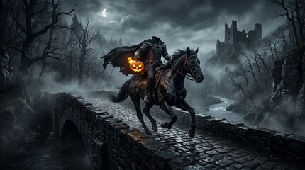 Fototapeta premium Headless horseman riding at night carrying a glowing pumpkin lantern across an ancient stone bridge