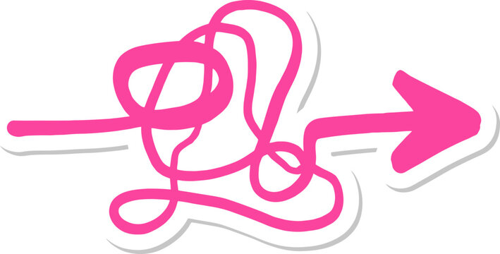 Pink tangled arrow vector sticker, messy hand drawn scribble line pointing right, chaotic path to solution concept, bright magenta doodle icon
