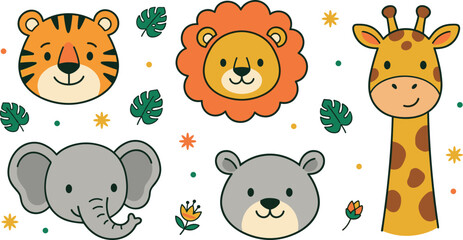 Cute safari animal face collection featuring tiger lion elephant giraffe and bear cartoon head icons vector set © Tania