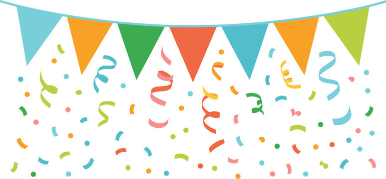 Colorful party bunting flag garland with falling confetti and streamers vector illustration isolated on white background decoration