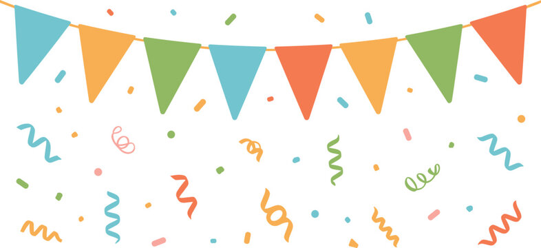 Colorful party bunting flag garland with falling confetti and streamers vector illustration isolated on white background decoration