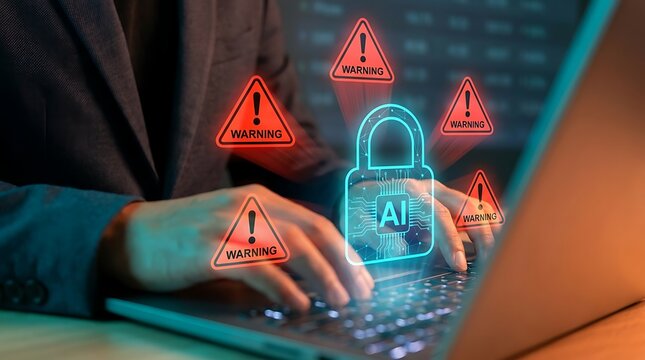 Digital security threat detected by artificial intelligence system with warning signs flashing around a glowing padlock symbolizing data protection concerns and cybercrime risk alerts.