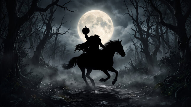 Silhouette of a rider with a pumpkin head in a dark forest under a full moon