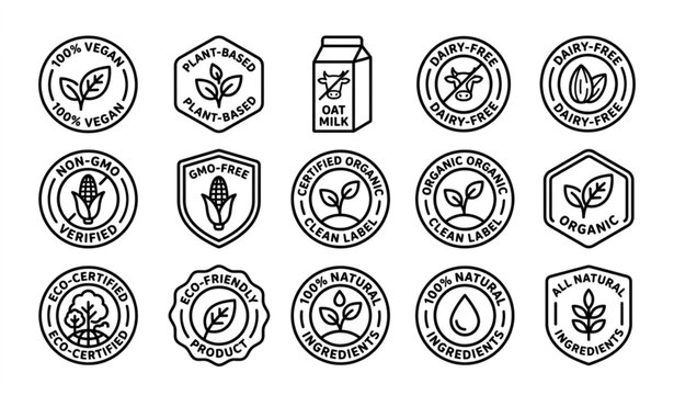Minimalist vegan food packaging vector icon set with modern monoline plant based product symbols
