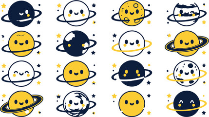 Naklejka premium Smiling cartoon planets with rings and stars on.