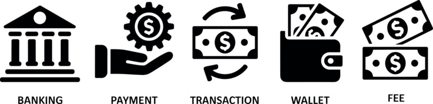 Financial and online banking glyph icon set including payment transaction wallet fee and cash elements