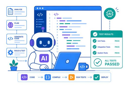 AI Coding Assistant Automating Software Development Testing and Deployment Workflow Illustration