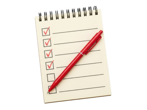 Completed tasks on notepad with red pen isolated on transparent background