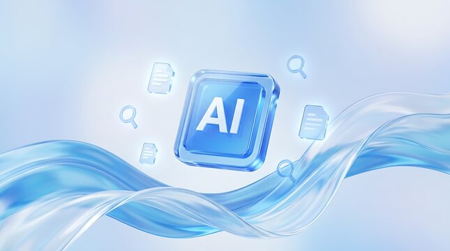 Artificial intelligence data analysis and technology innovation concept with floating digital icons representing documents searches and cloud upload services over abstract blue waves.