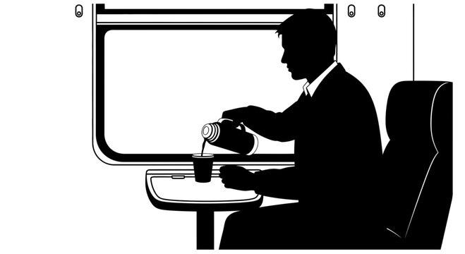 Passenger pouring drink from thermos inside train vector