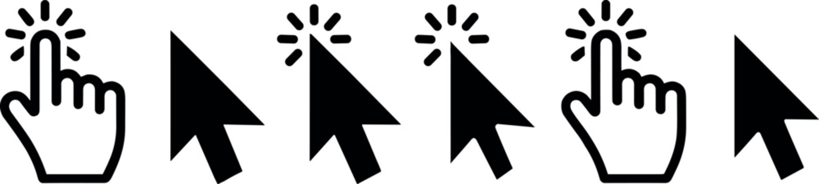 Black mouse arrow cursor and hand pointer clicking icons set isolated on a white background vector