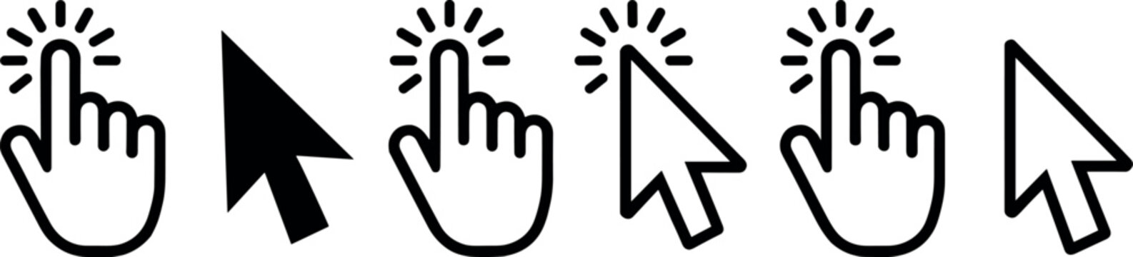 Black mouse arrow cursor and hand pointer clicking icons set isolated on a white background vector