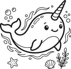 Adorable kawaii narwhal cartoon character coloring page with ocean elements for kids and adults to enjoy creative fun and marine discovery ©  