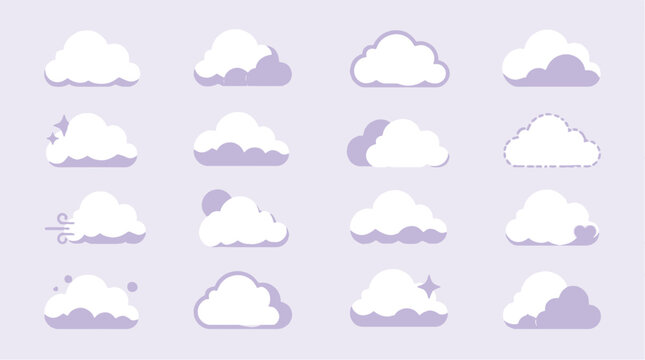 Collection of various white clouds on light purple background.