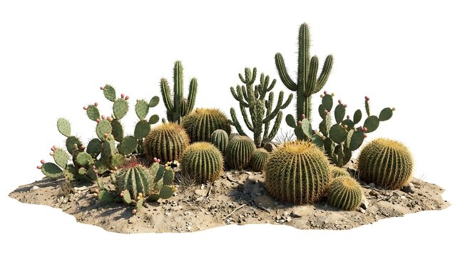 A collection of various succulent plants and cactus species arranged on a dry, sandy surface, isolated on a white background