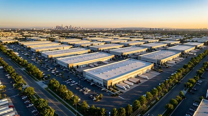 Fototapeta premium Vast industrial estate featuring numerous warehouses and parking areas from aerial perspective during a warm sunset glow.