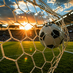 Naklejka premium Soccer Ball Hitting Goal Net on Green Field in Stadium for Football Sport Competition