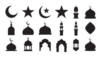 Islamic architectural elements and symbols. mosque domes, minarets, arches, star. © Tanvir