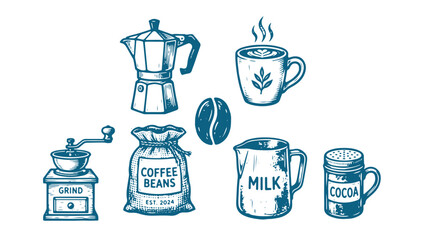 Obraz premium Collection of Vintage Hand-Drawn Coffee, Milk, Cocoa Icons for Cafe Beverage Design