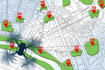 Fototapeta premium DRONE SURVEY OF URBAN GREEN SPACES ON A CITY MAP WITH