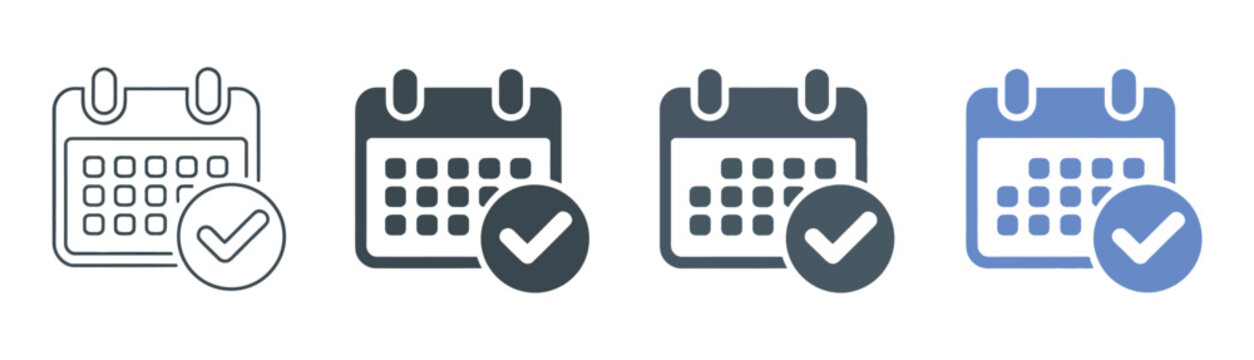 Calendar icon set, vector illustration featuring checkmark symbols for schedule completion and appointment planning, various graphic styles, professional web UI design elements.