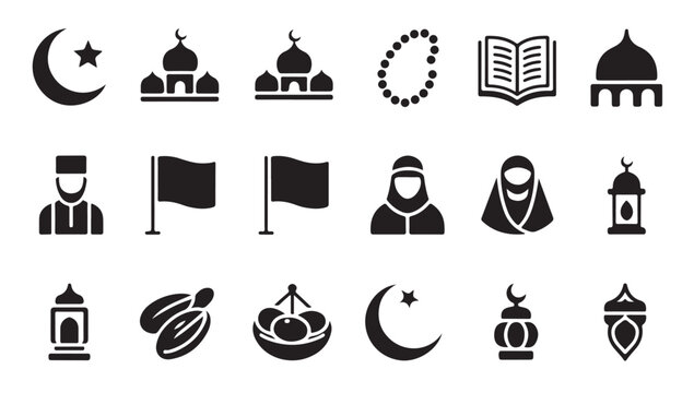 Religious holiday design elements featuring mosque prayer beads and islamic culture icons.