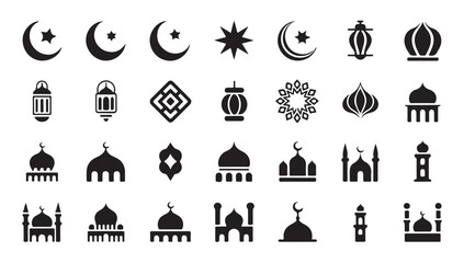 Mosque architecture elements and islamic lantern silhouettes set for ramadan celebration. © Tanvir