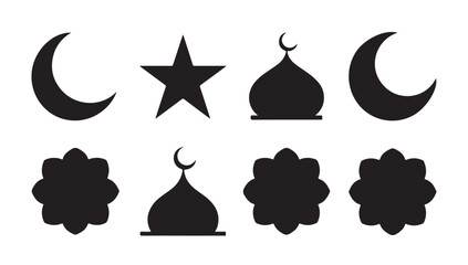 Islamic religion symbols, crescent moon, star, mosque dome, and arabesque flower shapes isolated. © Tanvir
