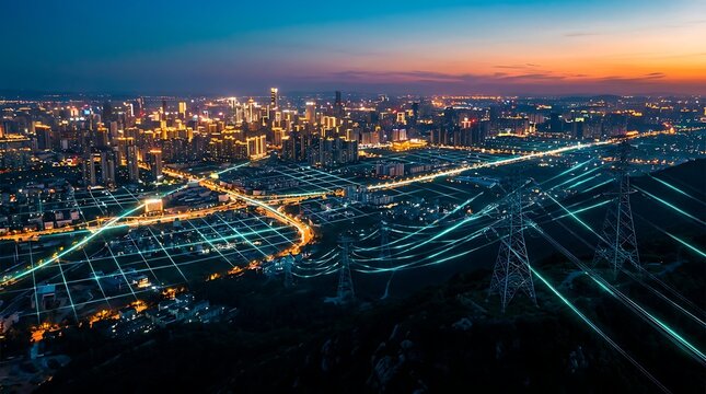 Smart city concept with glowing energy lines connecting skyscrapers and power lines at dusk symbolizing digital transformation and connectivity in urban infrastructure technology.