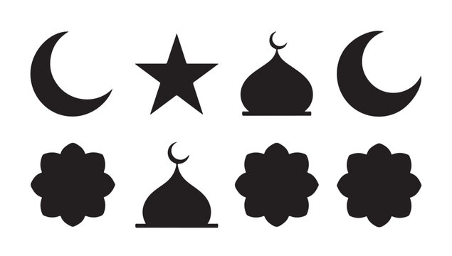 Islamic religion symbols, crescent moon, star, mosque dome, and arabesque flower shapes isolated.