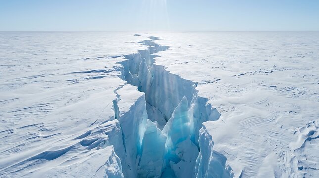Vast arctic ice sheet cracked open to reveal deep blue glacial ice and distant sunlight shining through sky.