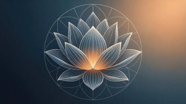 Symmetrical line art lotus centered inside a circular geometric mandala with warm inner glow and soft gradient background.