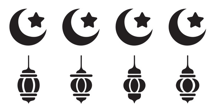 Set of eight flat black vector icons for ramadan featuring crescent moon and lanterns art.