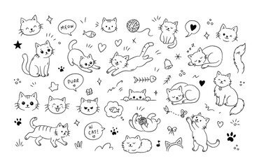 Obraz premium Hand Drawn Cat Doodle Set – Cute Kitten Sketches, Paw Prints, Yarn Balls, Fish Bones and Playful Pet Icons