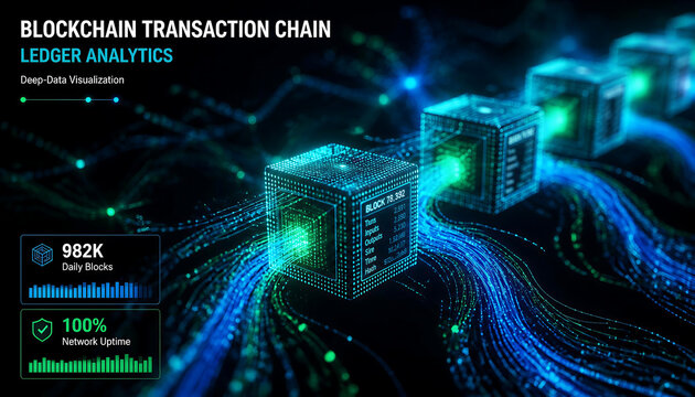 Blockchain transaction chain with ledger analytics, deep data visualization of digital blocks, futuristic cryptocurrency network infrastructure