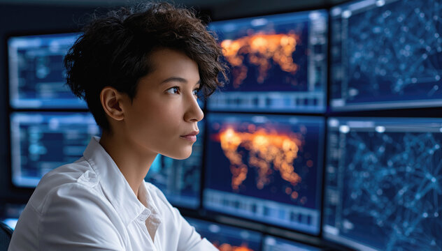 Focused female cybersecurity analyst monitors a large curved NOC display wall with real-time threat maps, network graphs and alert dashboards in a security operations center.