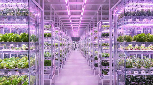 Wide CGI establishing shot of a near-future vertical farm corridor with hydroponic towers stretching 40 meters into perspective, bathed in warm magenta-purple LED grow lights.