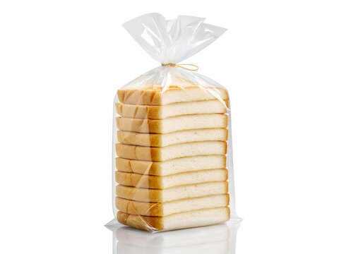 Stack of Sliced White Bread in Clear Transparent Plastic Bag Isolated on White Background