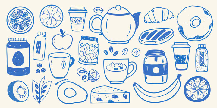 Breakfast Items Blue Line Art Pattern With Coffee Fruit And Pastries