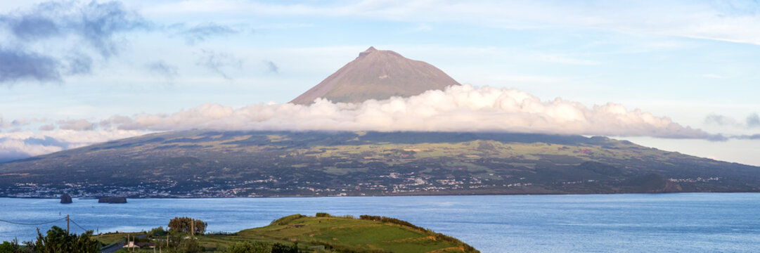 Azores volcano Mount Pico panoramic view Portugal's highest mountain as seen from Faial island, Portugal