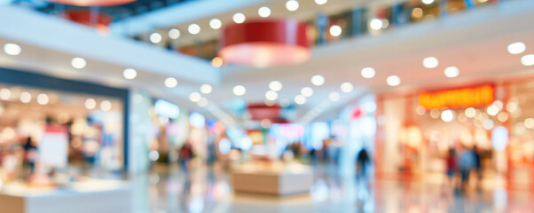 Obraz premium Blurred view of a bright shopping mall interior with stores, lights and moving shoppers in the background.
