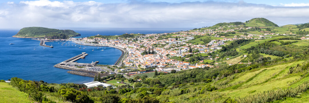 Azores islands panoramic view Horta town with marina and landscape on Faial island on Azores, Portugal