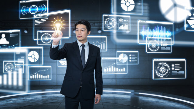 Gesch&auml;ftsmann nutzt virtuelle Benutzeroberfl&auml;che mit KI-Dashboard und Datenanalyse