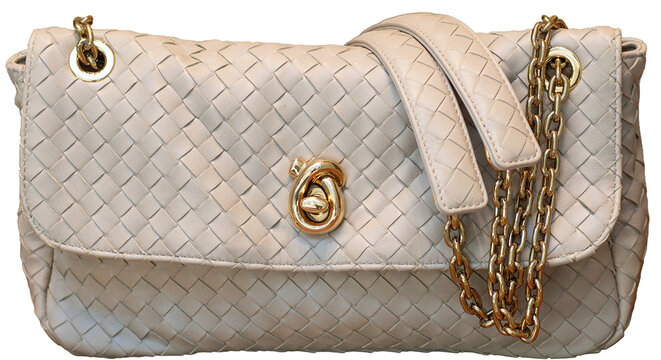 Bottega Veneta Madison shoulder bag, in beige woven leather with a chain shoulder strap and a Knot fastening on the flap.Milan - Italy, 28 June 2026